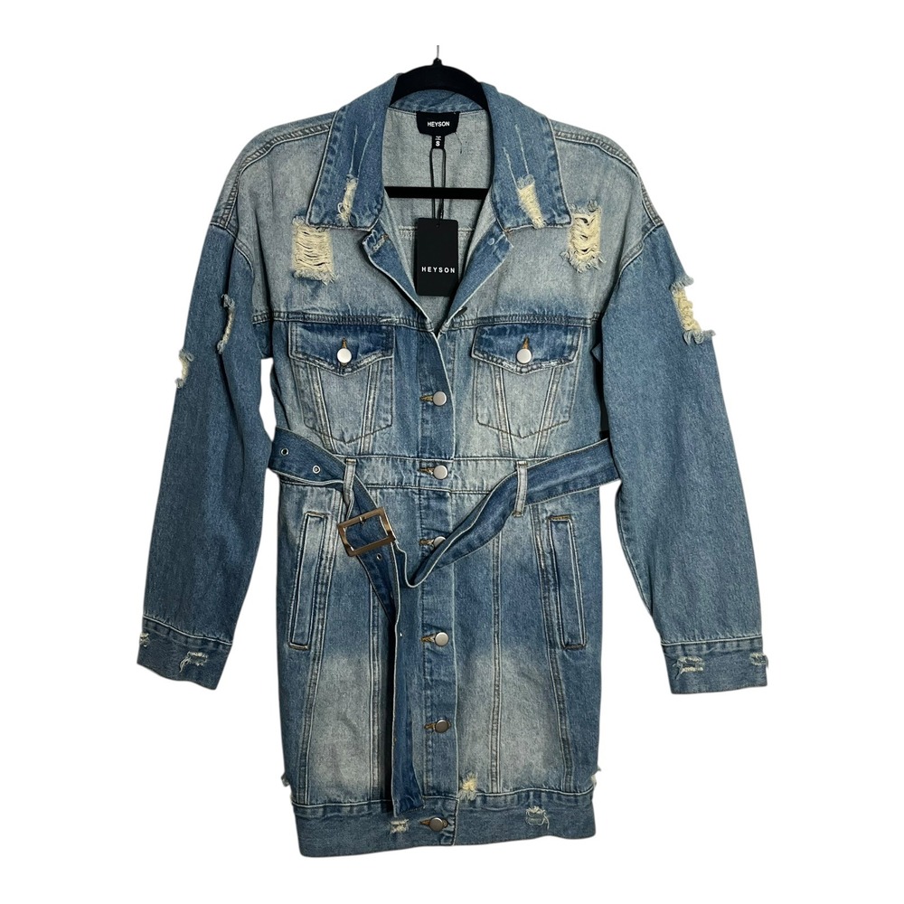 Heyson Womens Distressed Denim Jacket Dress Light Wash Belted‎ DJ1008 Small New